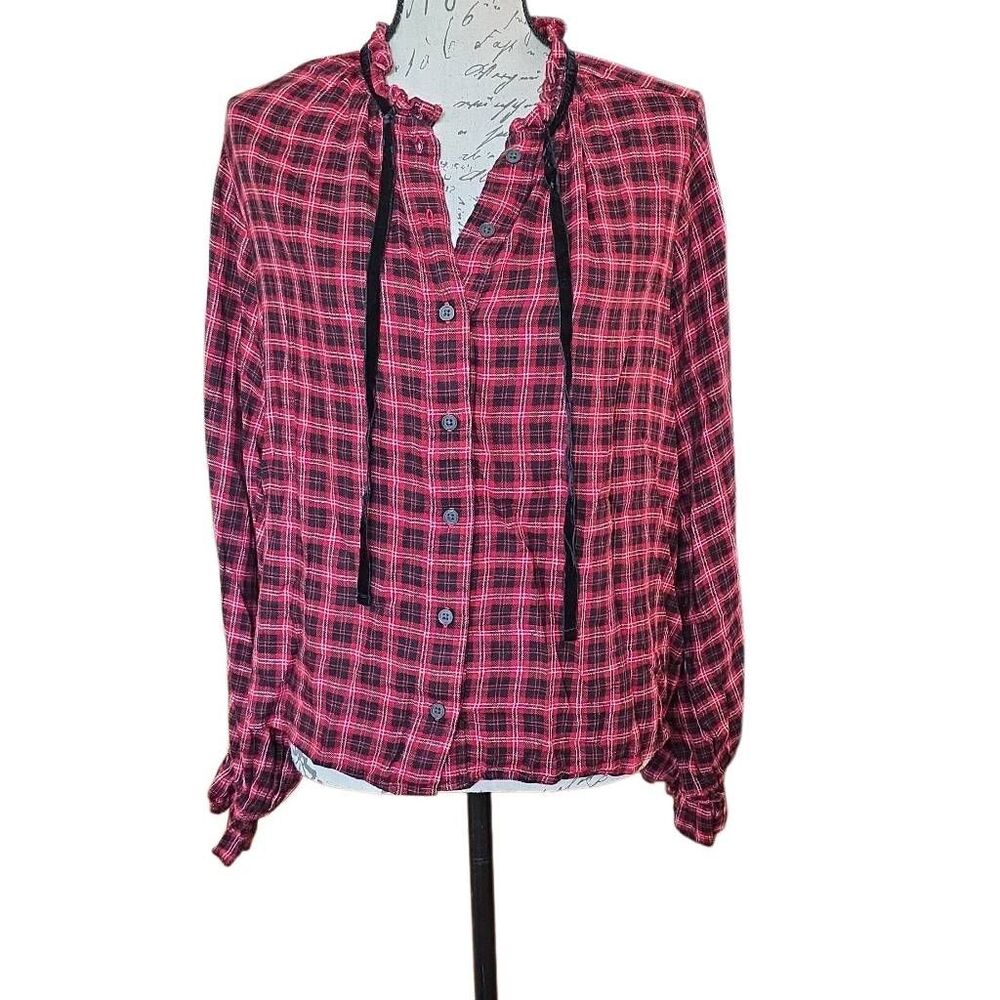 Gap Women's Size Large Red Black Plaid Button Down Blouse